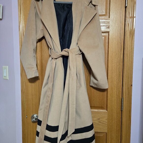 Tan striped winter Maxi Trench Coat, 2X - Picture 1 of 3